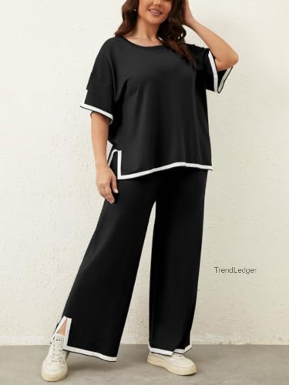 Plus Size 2 Piece Lounge Set Short Sleeve Wide Leg Pants Travel Outfits - Picture 3 of 7